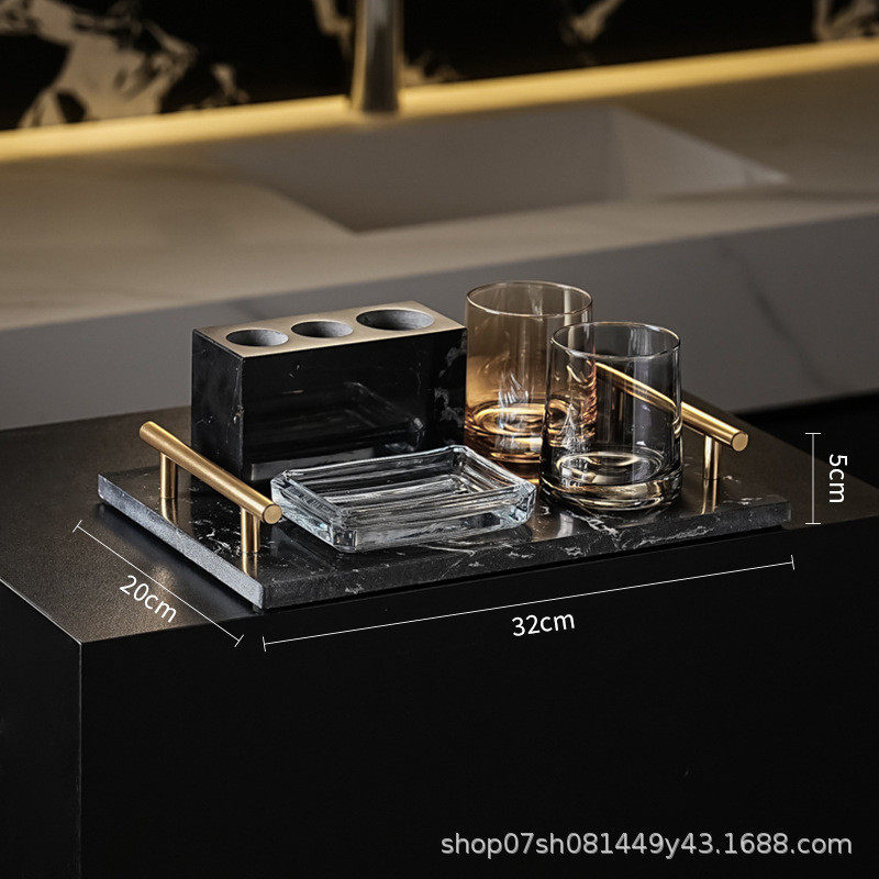 卫生间浴室台面洗漱双人大理石高端牙刷架一家三口漱口杯置物托盘