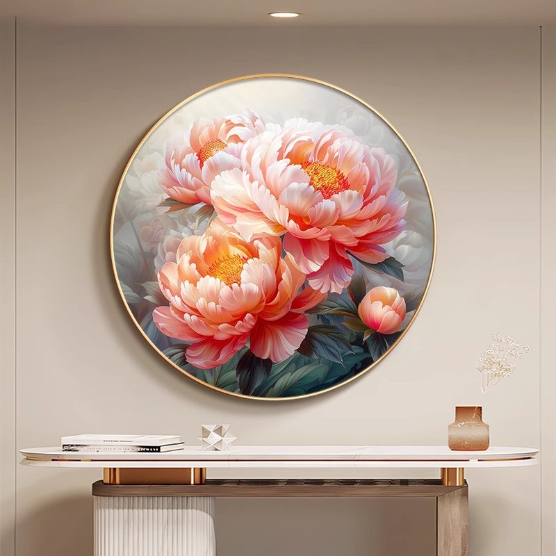 花开富贵玄关挂画牡丹花新中式圆形装饰画高档走廊过道背景墙壁画图片