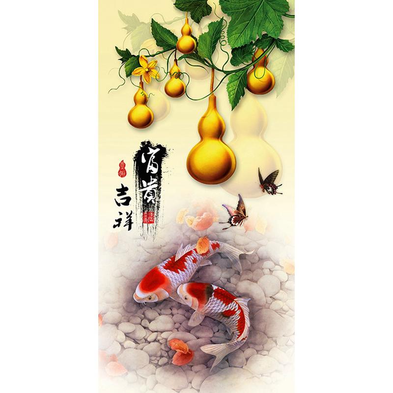 装饰画客厅玄关过道背景墙画九条鱼牡丹画风景九鱼图晶瓷画自粘画图片
