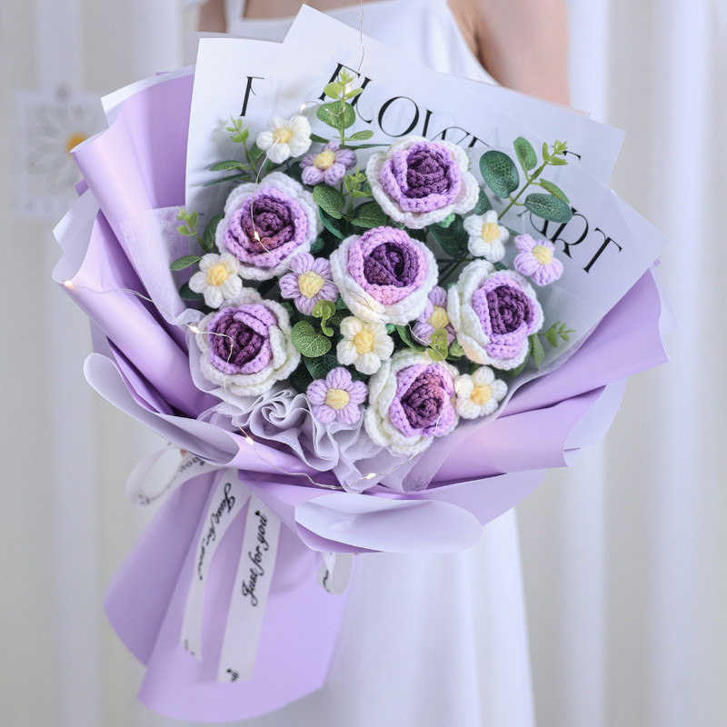 大花束生日仿真手工编织毛线手捧花玫瑰花束郁金香花送女