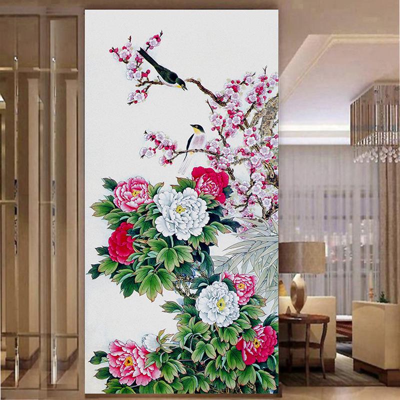 花开富贵牡丹图新中式进门处玄关装饰画走廊过道墙贴自粘壁画挂画图片