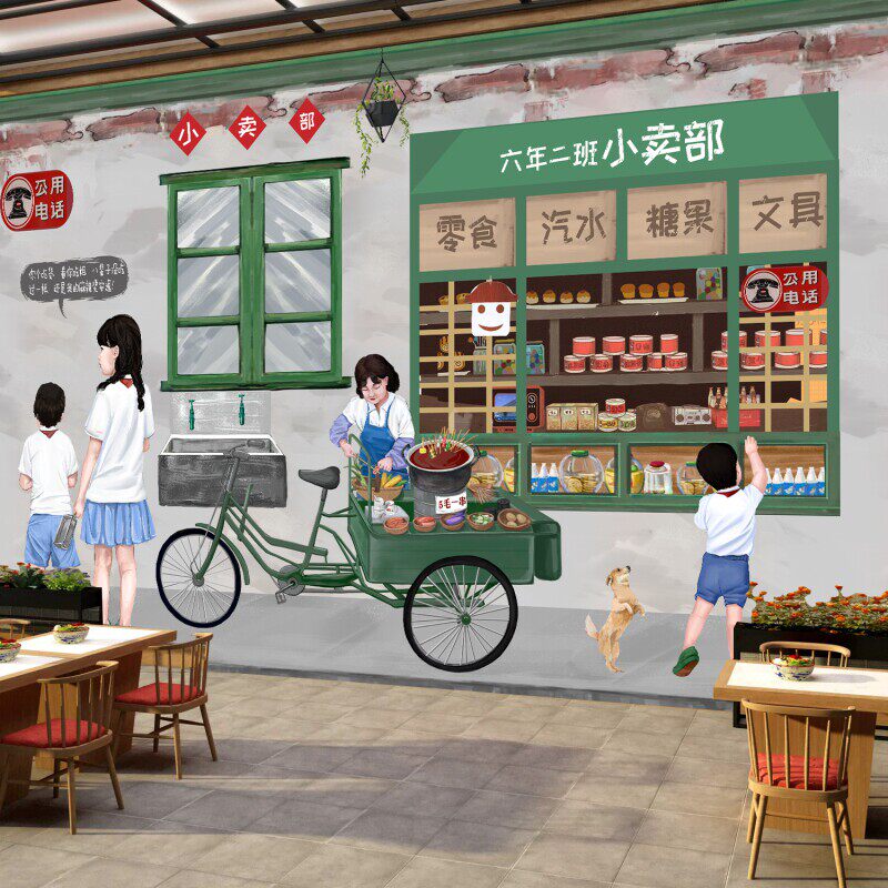 怀旧墙面装饰饭店墙纸自粘壁画80年代麻辣烫火锅店壁纸餐厅贴纸