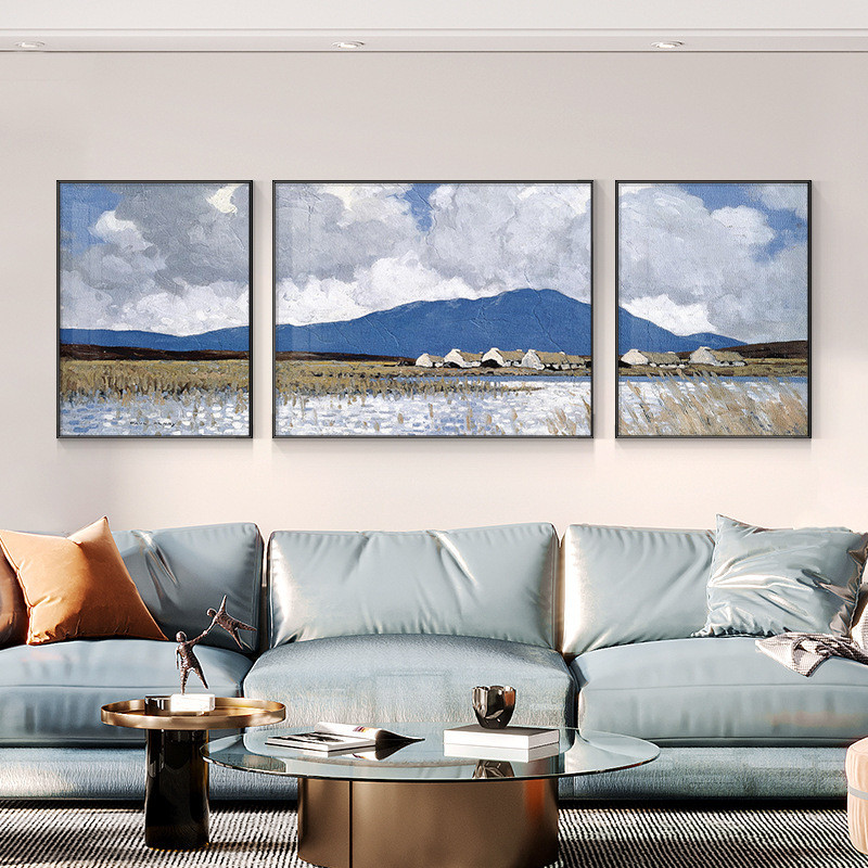 墙画山水画简约背景墙挂画风景沙发三联画北欧客厅装饰画抽象现代