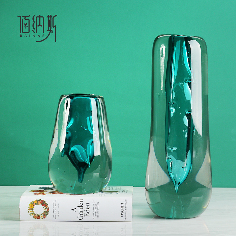 高档透明加厚绿色水晶玻璃花瓶样板房售楼处餐桌装饰小摆件
