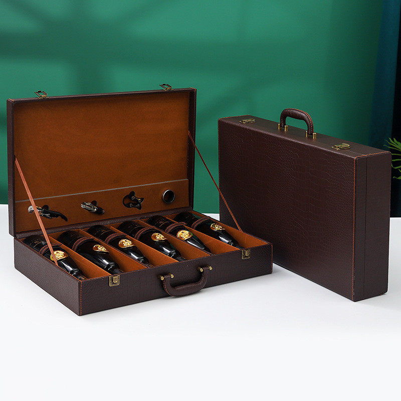 厂家红酒包装盒单排六支装红酒盒6瓶装葡萄酒礼盒皮质红酒箱6支