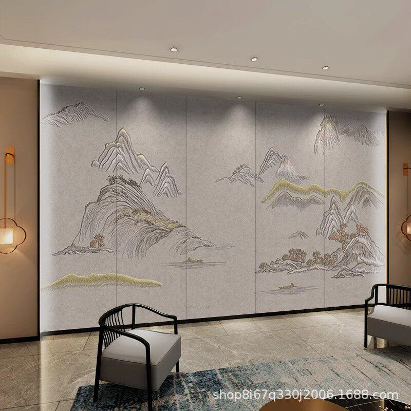 新中式刺绣硬包背景墙沙发电视山水壁画墙布书房床头酒店餐厅