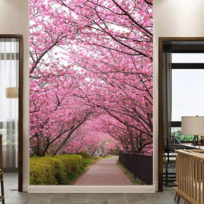 樱花树林风景画走廊过道墙面玄关装饰画花卉海报植物花草壁画竖版图片