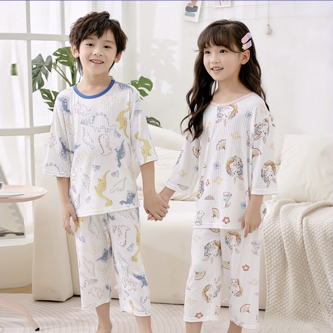儿童睡衣夏季冰丝七分套装薄款家居服中大童凉爽男女童宽松空调服
