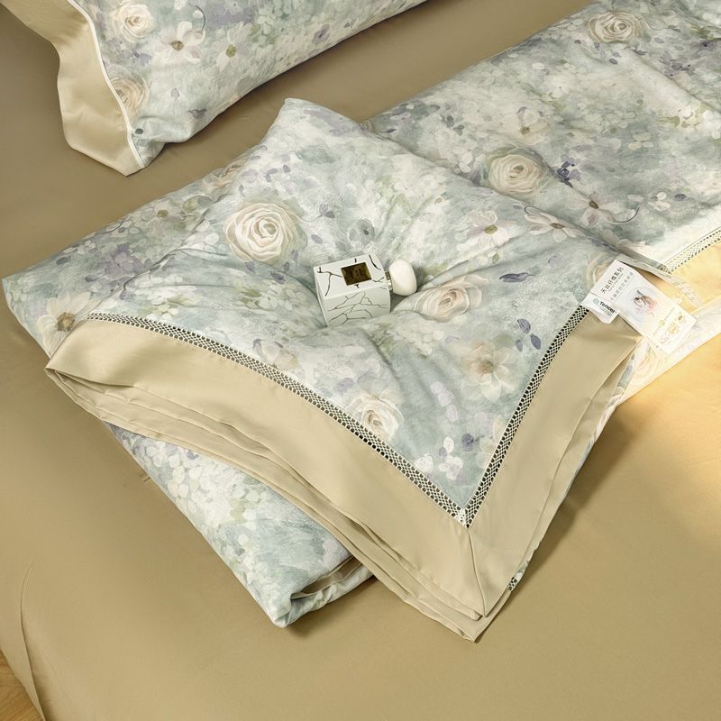 2025新款60s空调被精天丝数码欧美印花镂空夏被四件套兰床单枕套