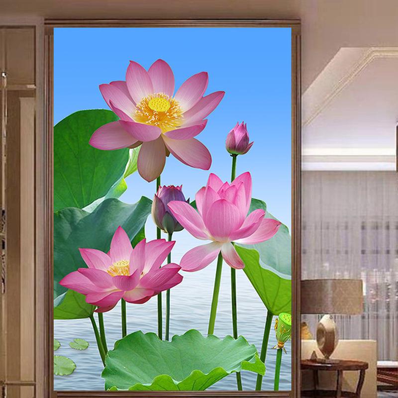 荷花图客厅玄关装饰画茶室走廊过道进门莲花墙贴画自粘壁画风水画图片
