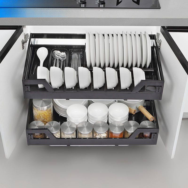 橱柜厨房拉篮抽屉式304不锈钢双层抽拉式拉蓝碗盘架碟篮滑轨内置