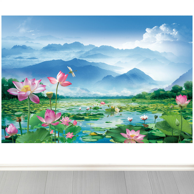 荷花荷叶荷塘人间仙境画荷荷美美山水画客厅背景墙海报自粘装饰画图片