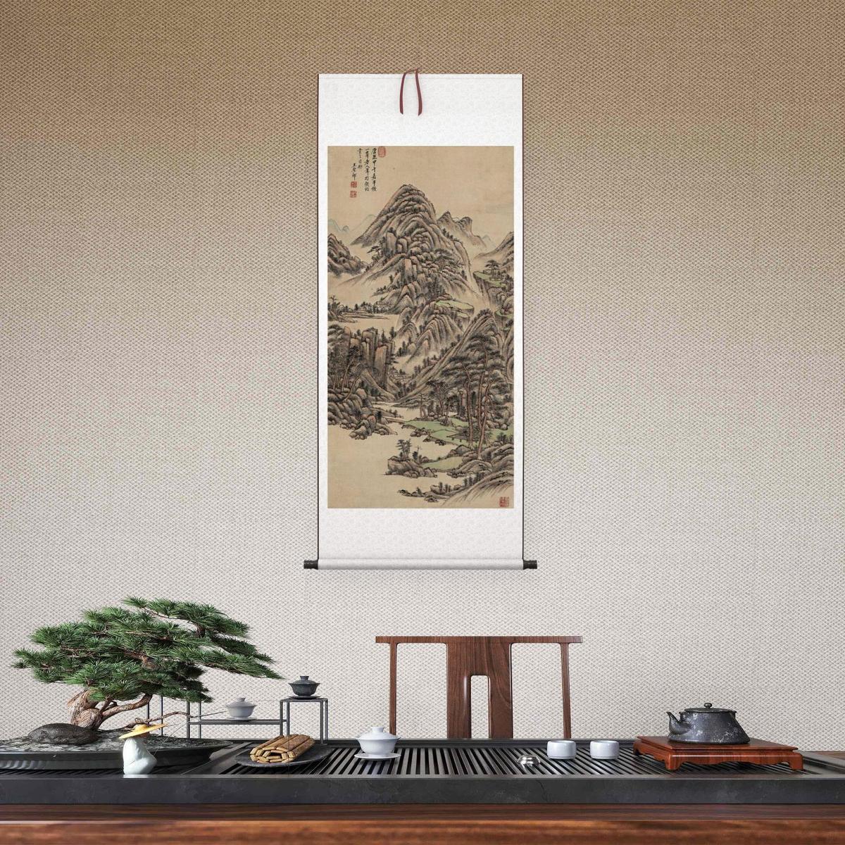 1:1清 王原祁仿轴山水图一峰山水画清四王水墨山水竖版挂画装饰画