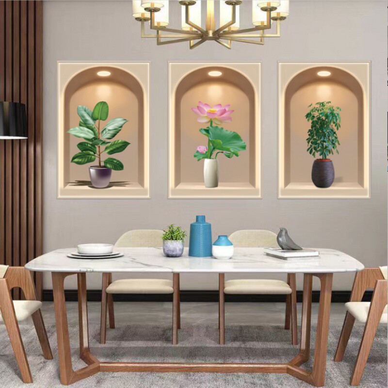 植物花卉3D效果盆栽贴画过道楼梯三联装饰画宾馆餐厅壁画自粘画图片