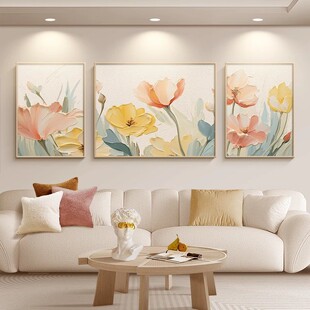 客厅装饰画花卉抽象大芬村油画沙发背景墙挂画轻奢风高级感三联画