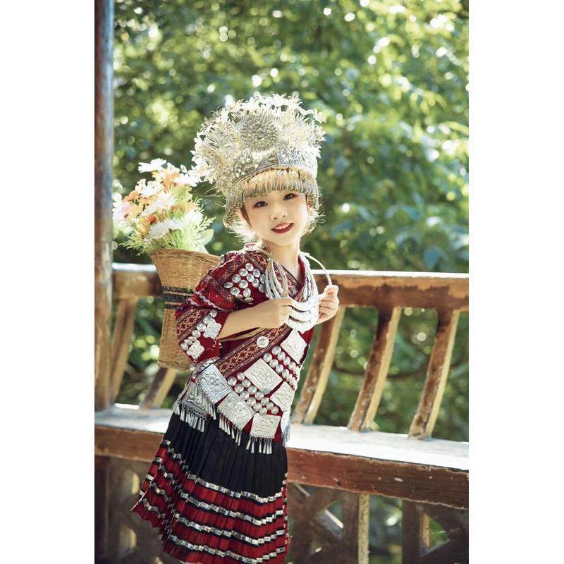 苗族儿童服装红色盛装六一儿童节服饰小学生亲子装旅拍演出