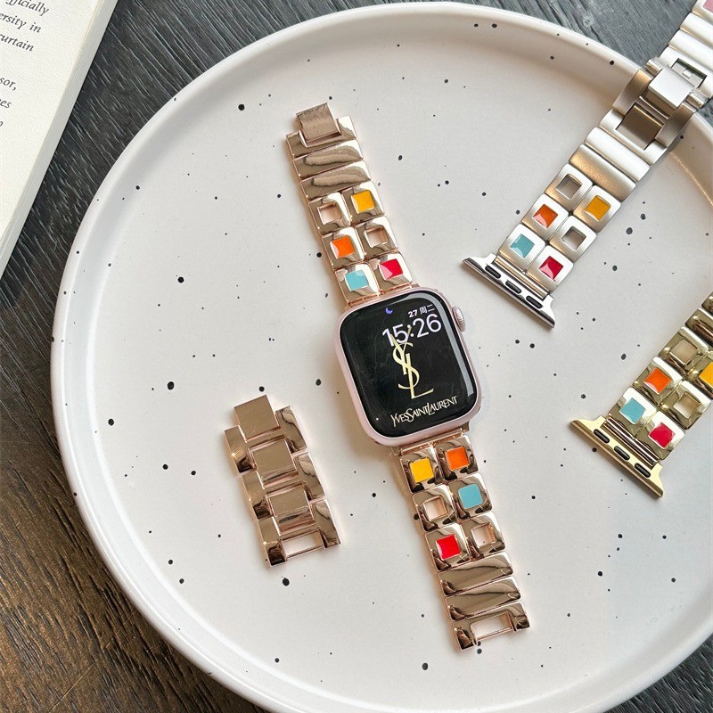 七彩小方格星光色金属表带适用于s9applewatch78苹果手表SE65通用