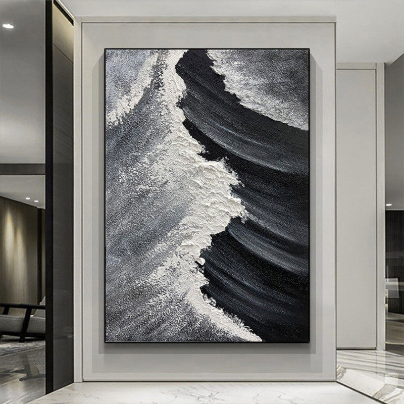 厚手绘油画黑白极简抽象画纯肌理立体砂岩画客厅玄关背景墙壁挂画