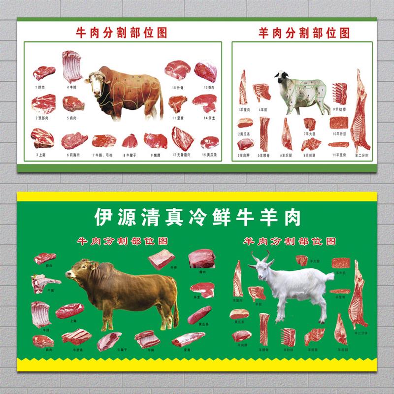 排酸牛肉分割分解部位图牛排店装饰壁画羊肉猪肉分切图墙贴画海报图片
