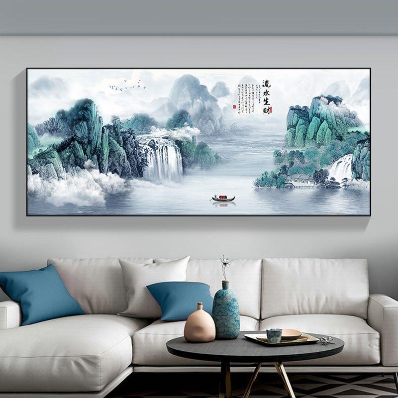 中式国画客厅沙发背景墙晶瓷镶钻装饰画办公室书房山水画茶室挂画