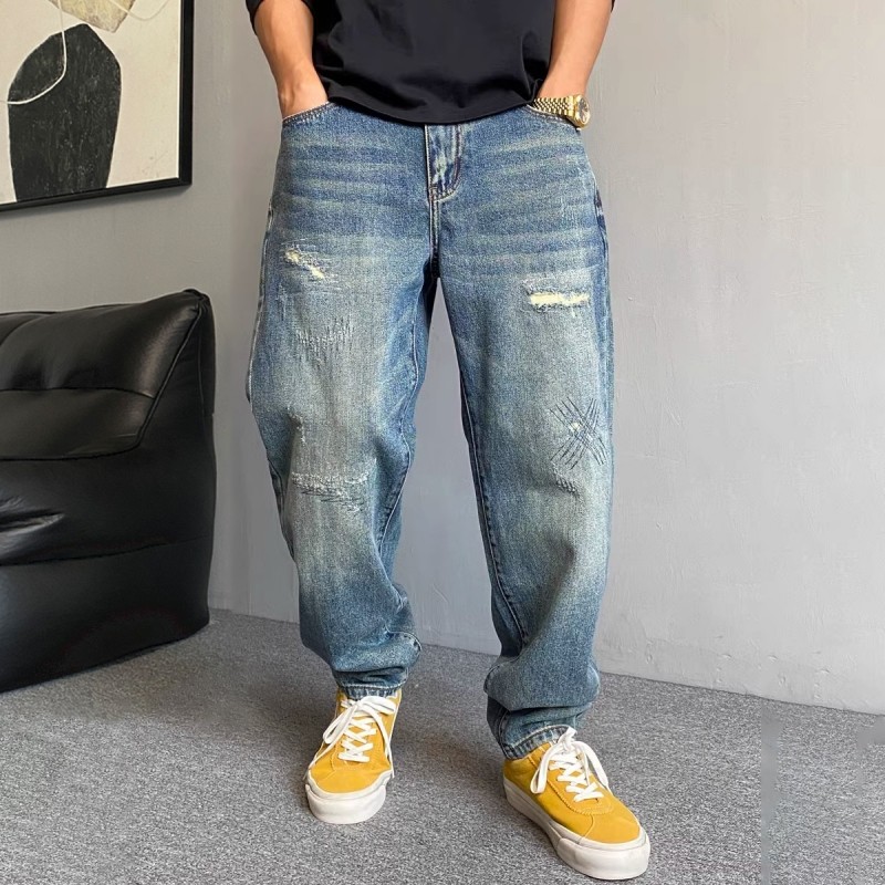 好货美式休闲痞帅破洞补丁牛仔裤男生潮牌复古宽松大码百搭锥形乞