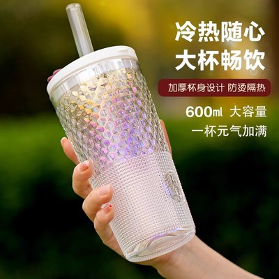 渐变大容量家用喝水杯子冷饮杯带吸管玻璃杯女彩色咖啡杯奶茶专用