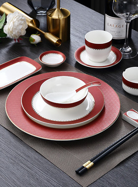 中国红主题陶瓷摆台餐具套装星级酒店包厢专用餐厅红色宴客碗碟盘