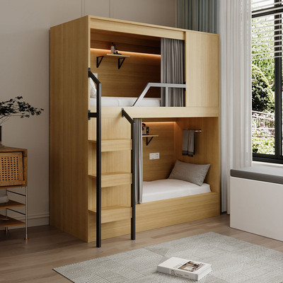 太空舱双层床全包钢木结合式公寓床学校实木高低床青旅民宿上下床