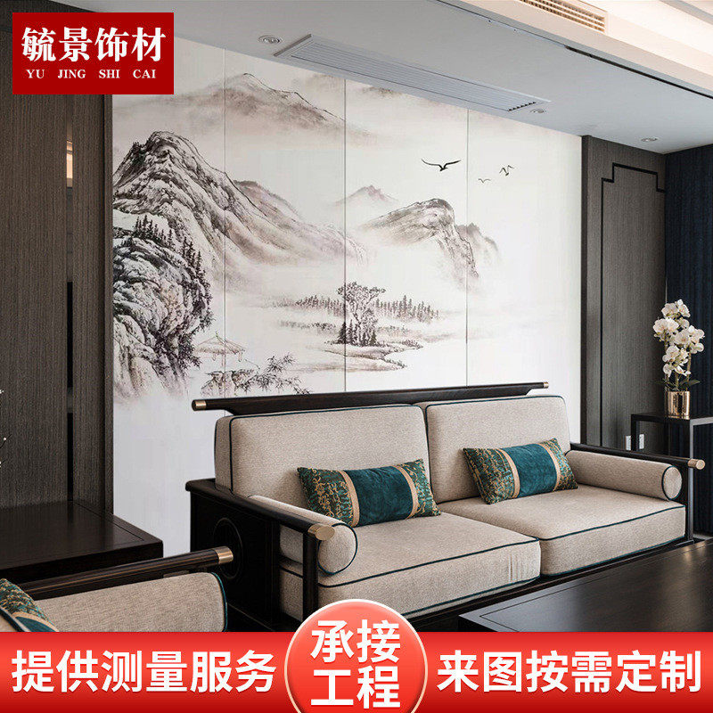山水风景画背景墙电视墙3d立体浮雕皮雕酒店卧室床投壁画工程设计