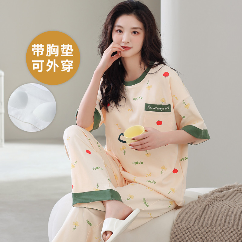 现货夏季短袖睡衣套装女自带胸垫一体长裤家居服大码学生薄款宽松