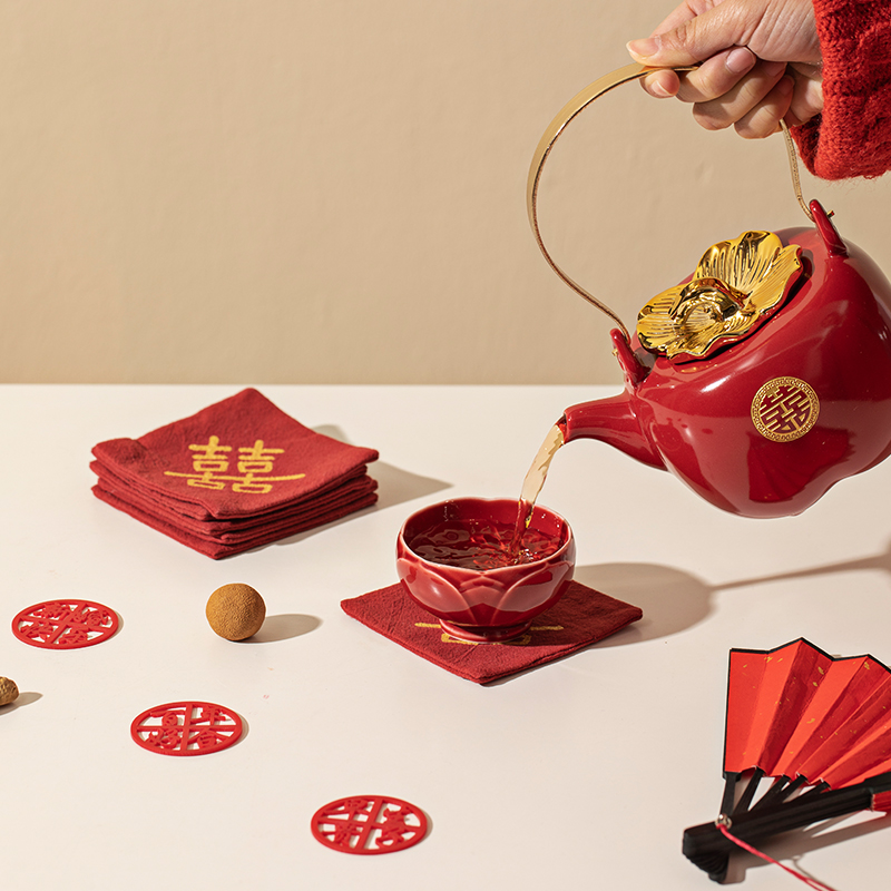 喜字杯垫结婚敬茶杯托婚房装饰婚庆拍摄影道具布艺茶托防滑防烫