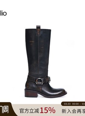 【杨紫同款】unfolio金属搭扣骑士高长筒大筒围显瘦粗跟圆头女靴