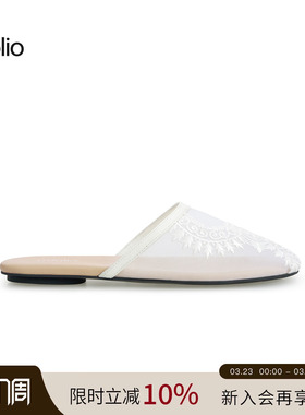 unfolio26SS新款蕾丝刺绣网纱拖鞋休闲圆头平底凉鞋子女