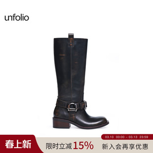 【杨紫同款】unfolio金属搭扣骑士高长筒大筒围显瘦粗跟圆头女靴