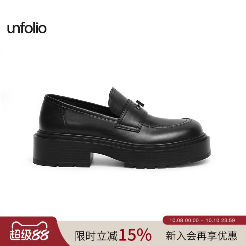 unfolio25新款十字金属扣饰乐福鞋厚底粗跟玛丽珍皮鞋女