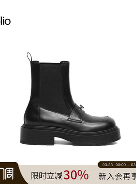unfolio经典十字金属扣饰切尔西靴厚底增高羊皮短靴百搭