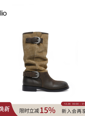 马思纯同款unfolio2025款金属搭扣长筒堆堆靴圆头中筒骑士靴子女