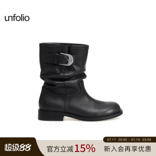 【张子枫同款】unfolio复古金属扣骑士堆堆靴短筒厚底拼色靴子女