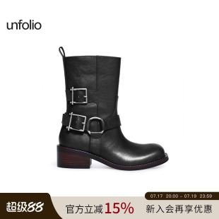 unfolio2025新款金属搭扣踝靴厚底粗跟圆头短靴经典靴子女