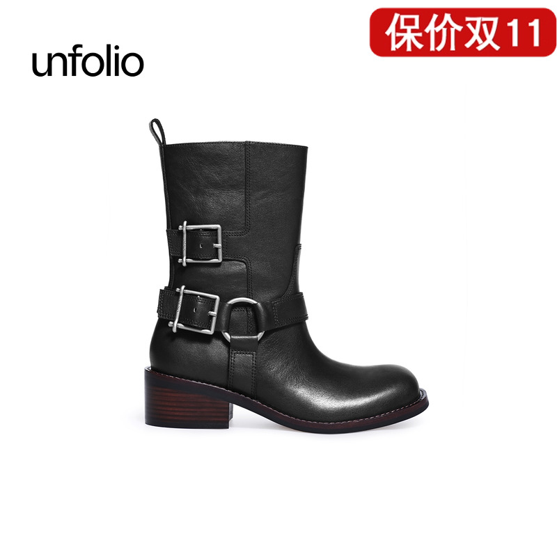 unfolio金属搭扣踝靴圆头短靴