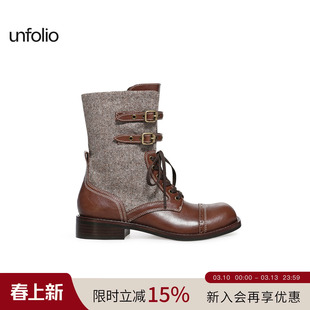 unfolio25新款Eloise金属搭扣短靴经典双扣带短筒系带靴子女