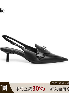 unfolio25款尖头小猫跟凉鞋金属扣式裹踝高跟鞋后空穆勒鞋女