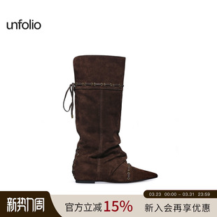 unfolio25新款 可折叠两穿高筒长靴尖头靴及膝褶皱堆堆靴子