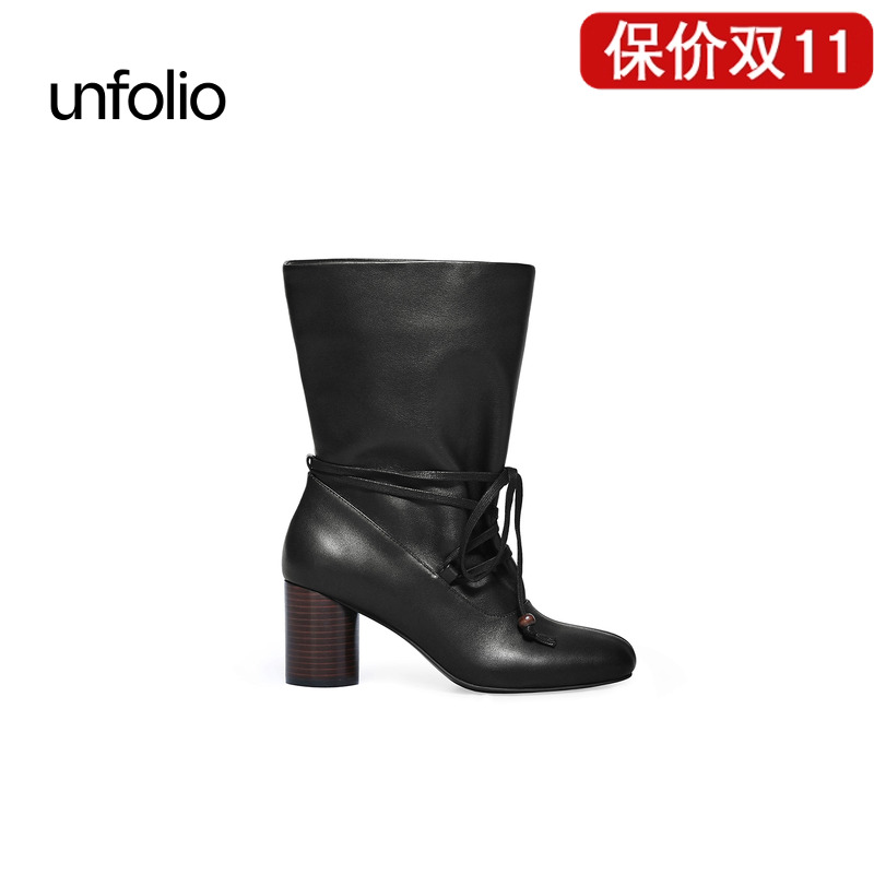 unfolio束带粗跟短靴系带短靴