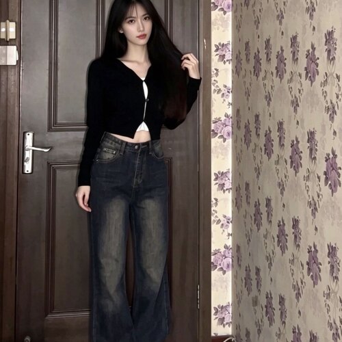 复古蓝灰高腰直筒显瘦牛仔裤女