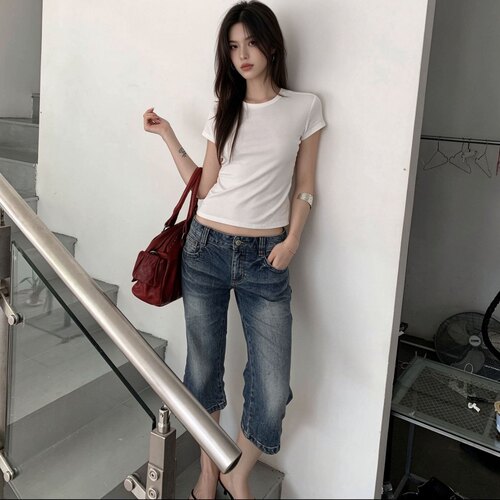 夏季低腰七分阔腿显瘦牛仔裤女