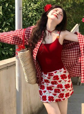 韩系街头红色格子衬衫外套女夏季vintage覆古松弛感防晒衬衫外套