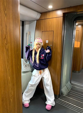 藏青色波点星星连帽开衫卫衣女春季休闲宽松oversize外套美式复古