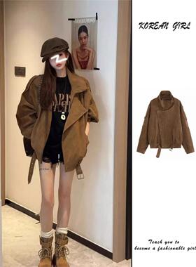 覆古咖色美拉德麂皮机车服外套女秋冬新款廓形感工装皮夹克上衣潮