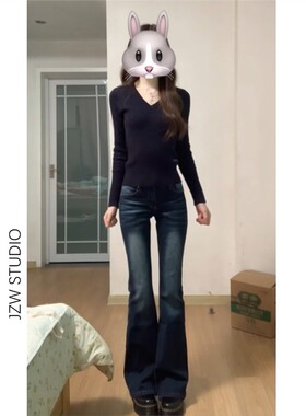 覆古怀旧蓝自然腰微喇牛仔裤女春夏小个子弹力修身显瘦拖地马蹄裤